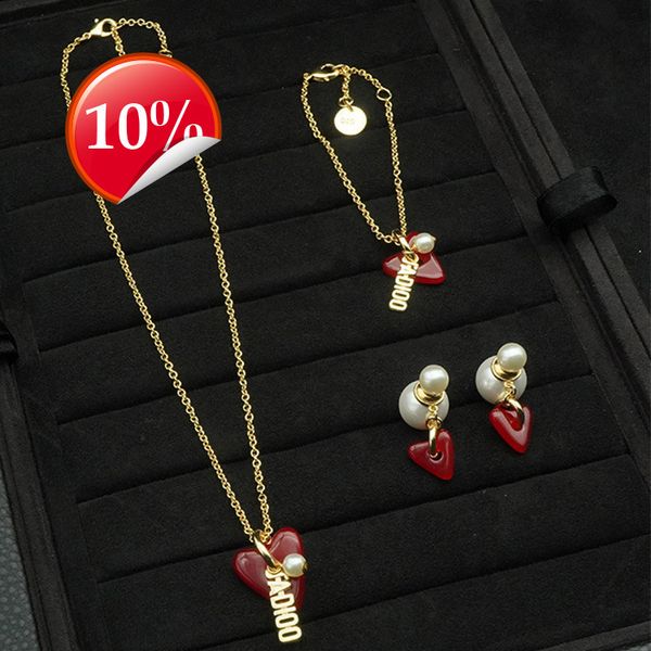 

luxury design women's necklace new d family red love letter female pearl earring set jewelry, Silver
