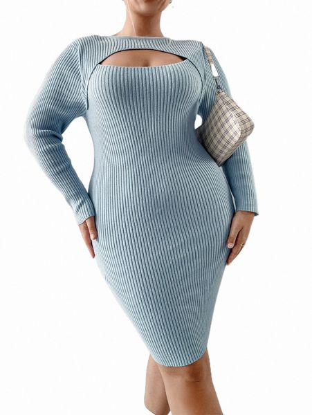 

plus size t-shirt plus rib-knit cut out sweater dress g0c5#, Black