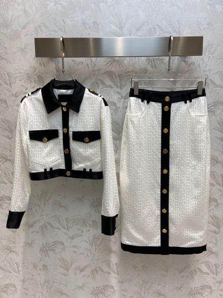

2022 new satin two piece dress women lapel long sleeve gold buttons shirt with long skirt suit elegant outfit, White