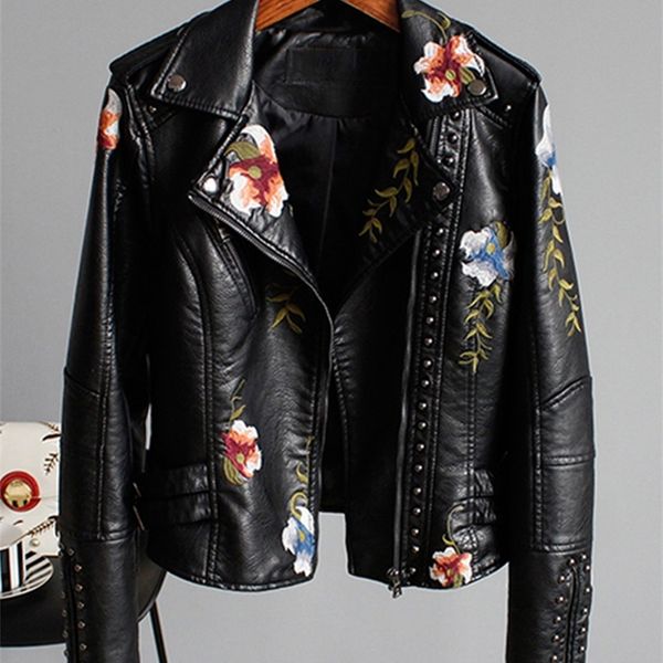 

women's leather faux ly varey lin floral print embroidery soft jacket women pu motorcycle coat female black punk zipper rivet outerwear