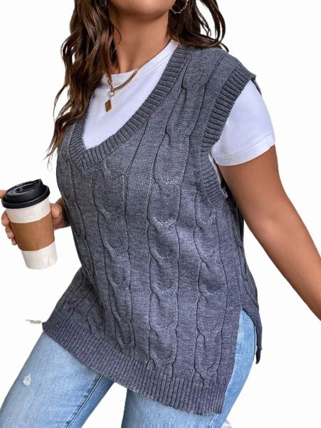 

plus size t-shirt plus cable knit sweater vest without tee w30e#, Black