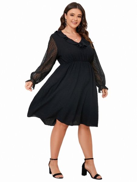 

plus size dresses plus contrast mesh ruffle trim dress m7ti#, Black