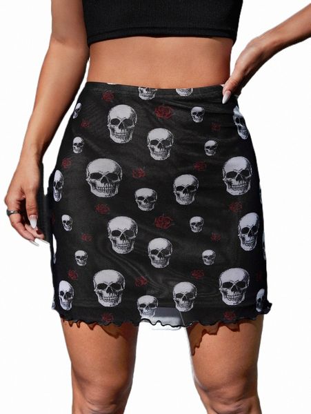 

skirts skull and floral print lettuce trim mesh skirt q77k#, Black