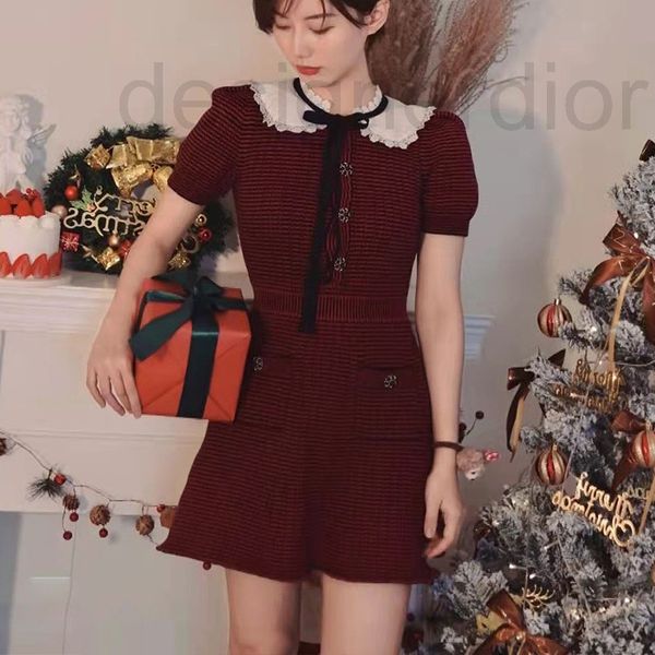 

casual dresses designer fadan new year kaiyun red 2022 spring style doll collar lace up umbrella knitted short sleeved dress rjlv, Black;gray