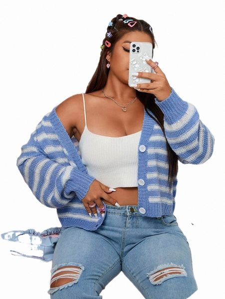 

plus size t-shirt plus stripe pattern drop shoulder cardigan h01e#, Black