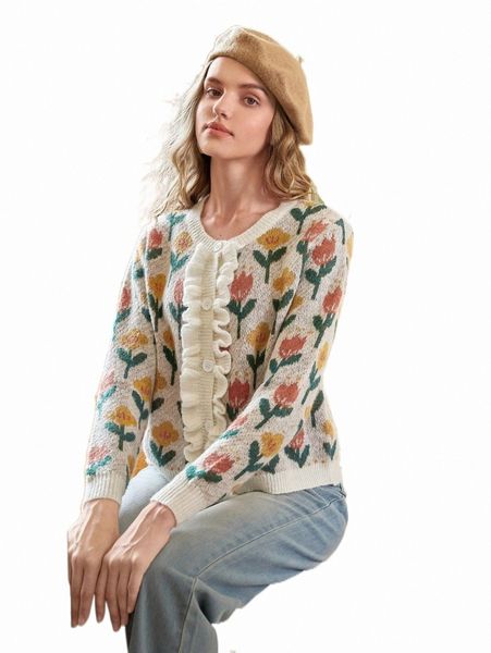 

women's sweaters mod floral pattern ruffle trim cardigan 54ro#, White;black