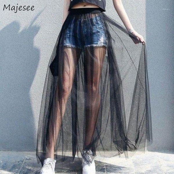 

skirts skirts women mesh floor-length outwear loose high waist elastic solid all-match fashion ulzzang korean style female lady i70v#, Black