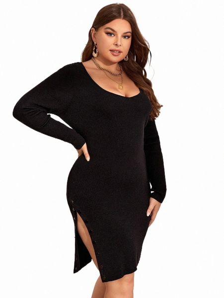 

plus size t-shirt plus button side ribbed knit sweater dress 77iy#, Black