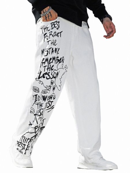 

men's jeans men slogan & figure graphic straight leg jeans 34qr#, Blue