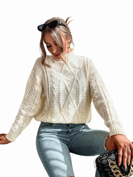 

women's sweaters drop shoulder high neck cable knit sweater 80zd#, White;black