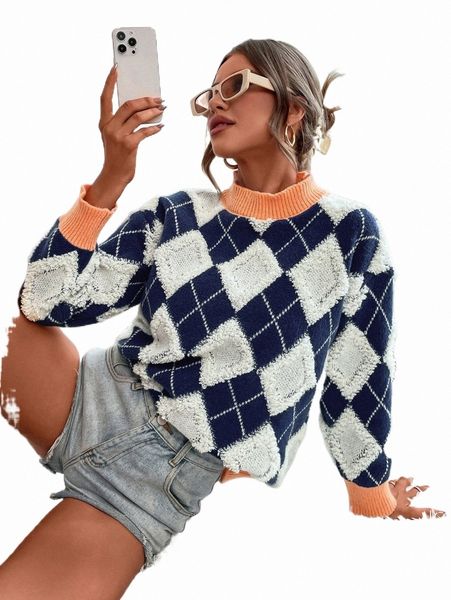 

women's sweaters argyle pattern contrast trim mock neck drop shoulder sweater a4mb#, White;black