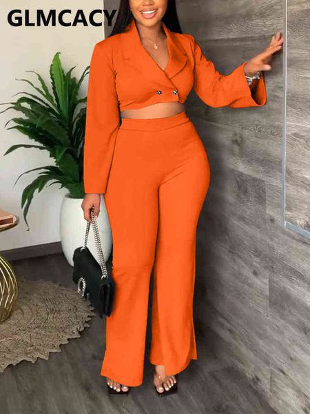 

women's two piece pants women two piece casual blazer set long sleeve notched lapel crop flare pants set t220902, White