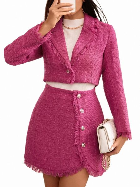 

two piece dress raw trim single button crop blazer & skirt x9wc#, White