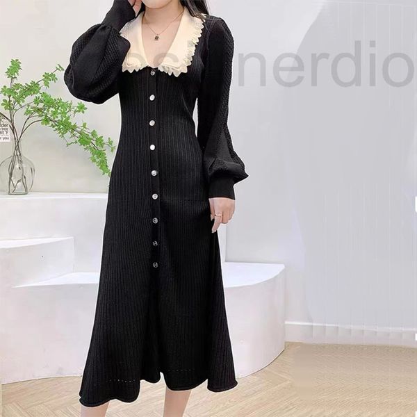 

casual dresses designer fadan s family 2022 fashion simple early autumn new women's wear french tea break lace collar bubble sleeve kni, Black;gray