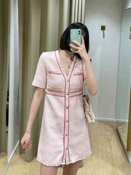 

casual dresses fadan  home spring and summer v-neck short sleeve dress single breasted pink small wind fragrance waist closing woven bag ju, Black;gray
