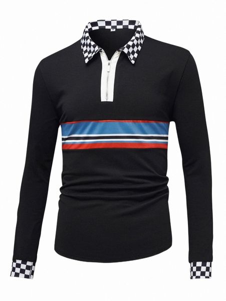 

men's polos men striped & checker print quarter zip polo shirt l38m#, White;black