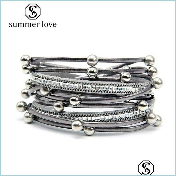 

link chain blink beads wraped mtilayer pu leather bracelet for women blue gold black sier grey magnetic clasp lulubaby dh5vw