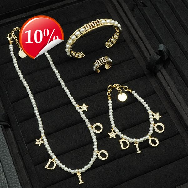 

luxury design women's necklace new star letter tassel pearl bracelet d family ring set, Silver