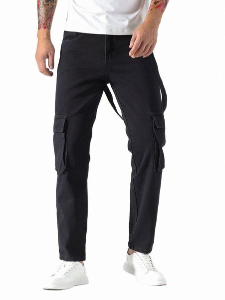 

men's jeans men contrast tape flap pocket straight leg jeans e3lh#, Blue