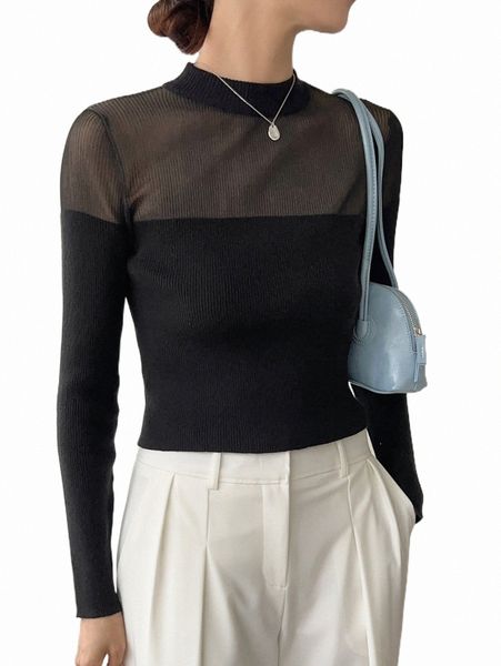 

women's sweaters dazy contrast mesh ribbed knit sweater v4ur#, White;black