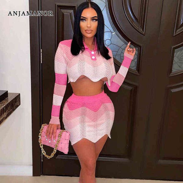 

women's two piece pants anjamanor fashion knitted sweater dress fall outfits for women 2022 long sleeve two piece set skirt and crop d1, White