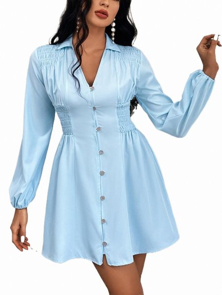 

casual dresses shirred waist bishop sleeve button up shirt dress 10ej#, Black;gray