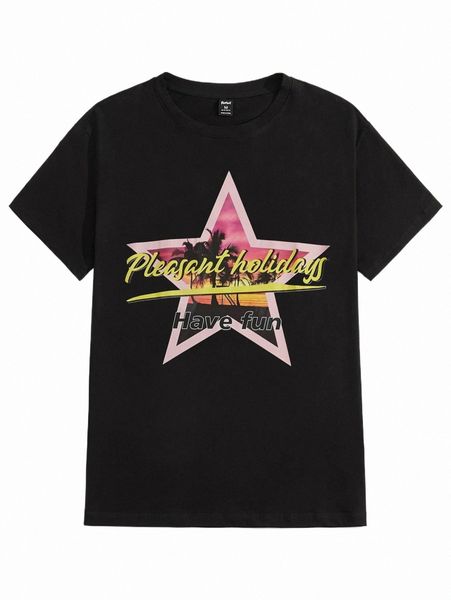 

men's t-shirts romwe guys star & tropical print tee a37x#, White;black