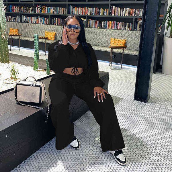 

women's two piece pants zooeffbb new solid color two piece set fall clothes for women long sleeve lace up hooded crop wide leg pants ma, White