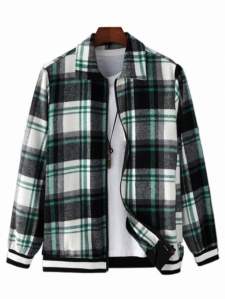 

men's jackets men plaid print striped trim zip up jacket without tee 74jh#, Black;brown