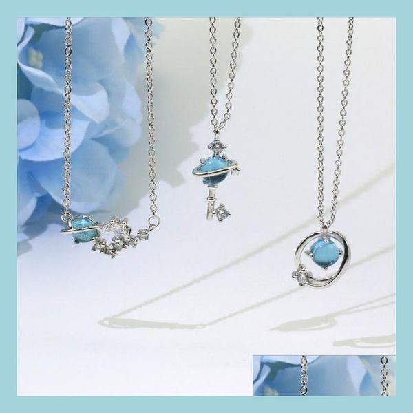 

pendant necklaces fashion plated s925 sier necklace for women blue planet pendant crystal key clavicle chain girls party wed sexyhanz dhunj, Silver
