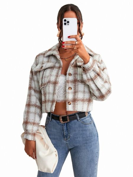 

women's jackets plaid print drop shoulder crop jacket q9uj#, Black;brown