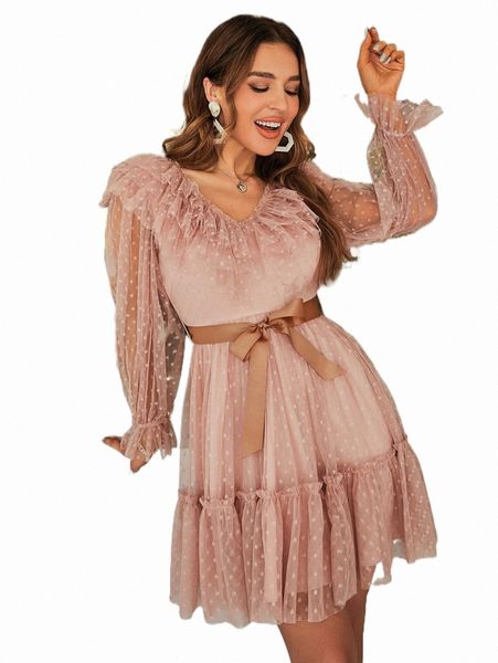 

casual dresses simplee ruffle trim belted dobby mesh dress 65zd#, Black;gray