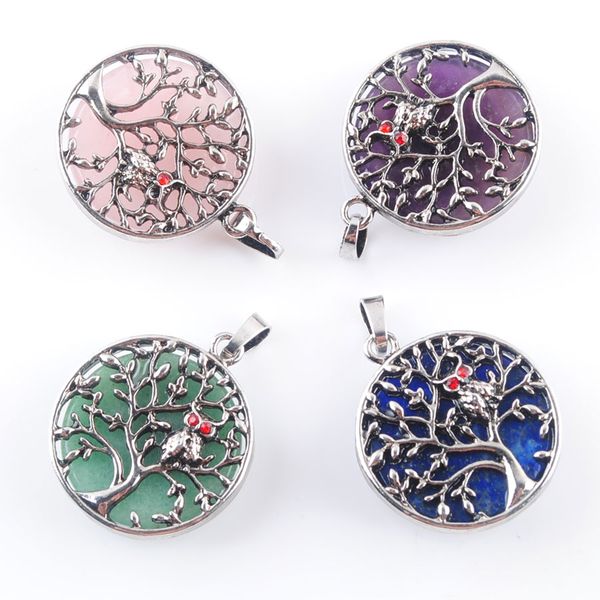 

natural stone dangle pendants amulet women man jewelry gift tree of life round beads lapis crystal agates opal bn365, Silver