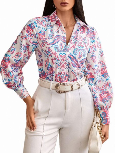 

women's blouses & shirts allover print bishop sleeve shirt r6q4#, White