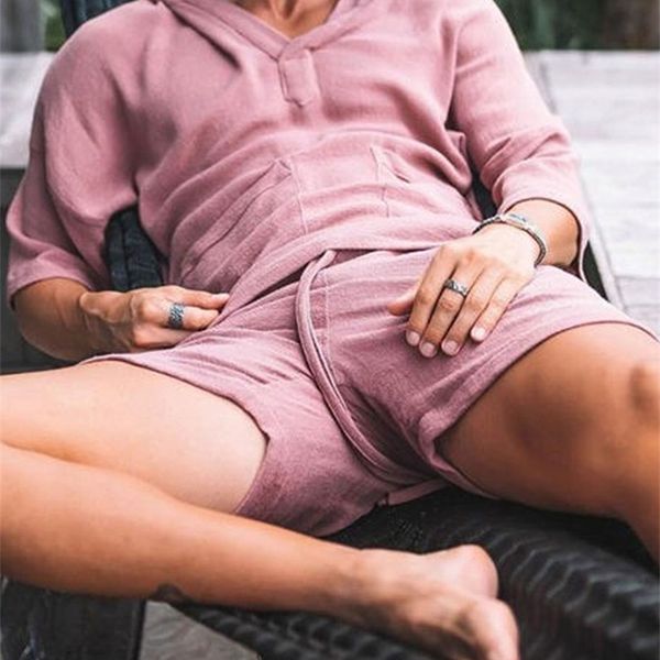 

mens tracksuits fashion men two piece set casual cotton linen solid loose outfits summer half sleeve vneck tshirt and shorts suits for mens, Gray