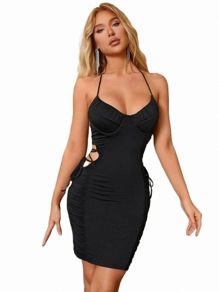 

casual dresses parthea ruched cut out lace up side halter dress q0qy#, Black;gray