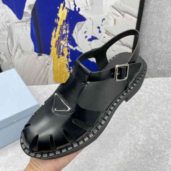 

70% off designer luxury slippers spring and cowhide buckle back hollow round head short thick heel gear bottom roman women's, Black