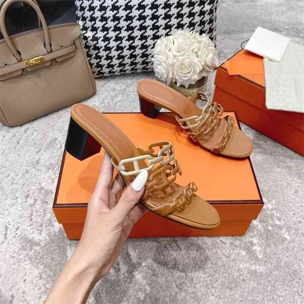 

slippers shoes women summer genuine leather chunky heels slipper chain open-toes slides shoes chaussure femme size 35-41 75% off outlet, Black