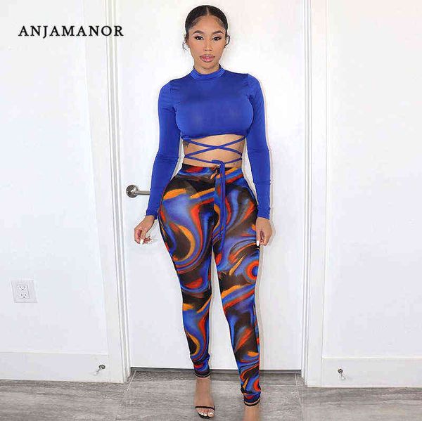 

women's two piece pants anjamanor 2 piece pants sets womens night out club outfits printed mesh leggings lace up long sleeve crop d85-c, White