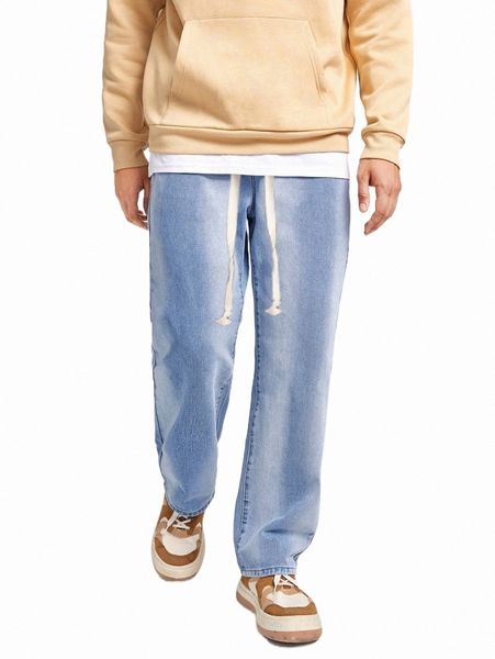 

men's jeans men drawstring waist straight leg jeans p7x0#, Blue