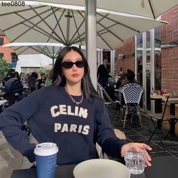 

2022 celinss sweater autumn and winter new navy blue round neck loose woolen sweater letter pullover sweater female, White;black
