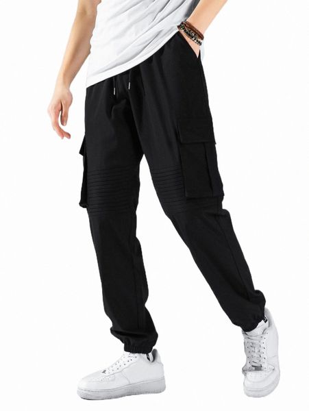 

men's pants men flap pocket side drawstring waist cargo pants a4tm#, Black