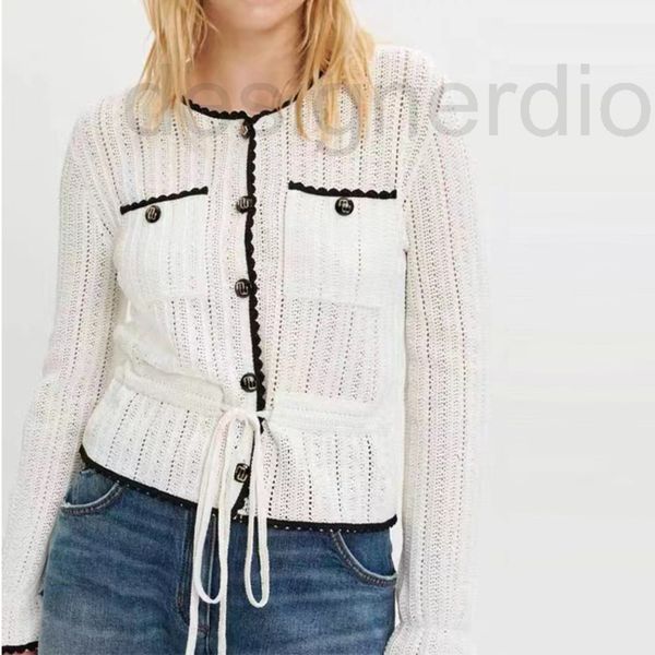 

women's sweaters designer fadan 's 2022 summer new french style hollow out color contrast round neck lace up bound texture knitte, White;black