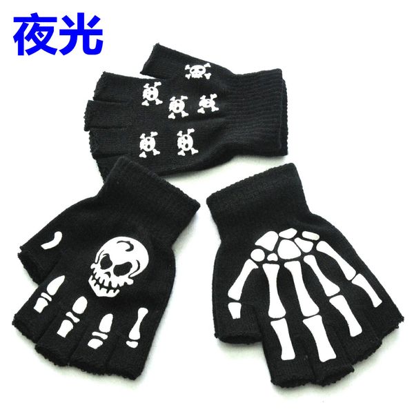 

winter warm knitted half finger gloves halloween luminous fluorescent skull claw printing riding non-slip gloves ac1, Blue;gray