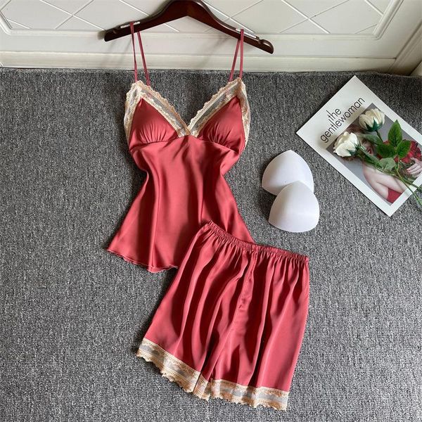 

soft pjs set womens sleepwear pyjamas home clothes women pajamas suit satin, Black;red