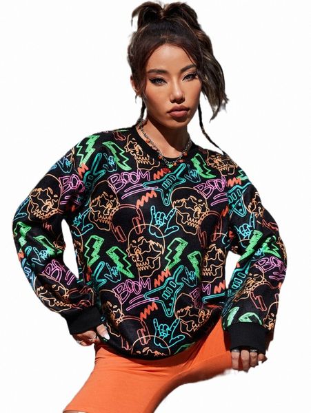 

women's hoodies & sweatshirts graffiti print drop shoulder pullover 63x3#, Black