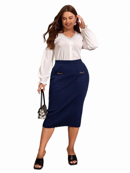 

plus size t-shirt plus chain detail double pocket knit skirt l1jw#, Black
