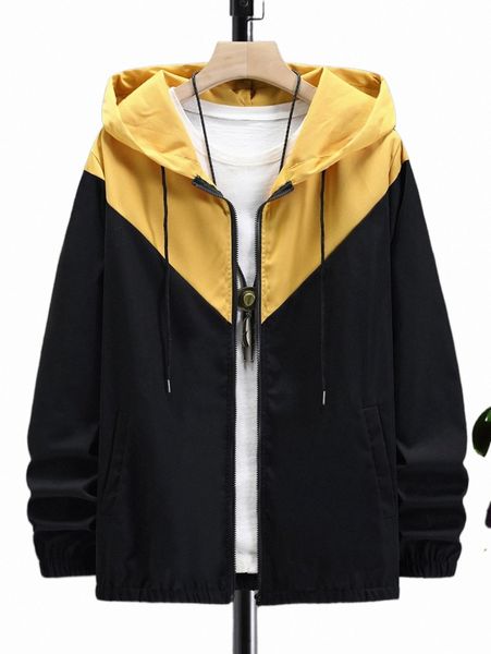 

men's jackets men 1pc two tone drawstring hooded jacket l2xz#, Black;brown