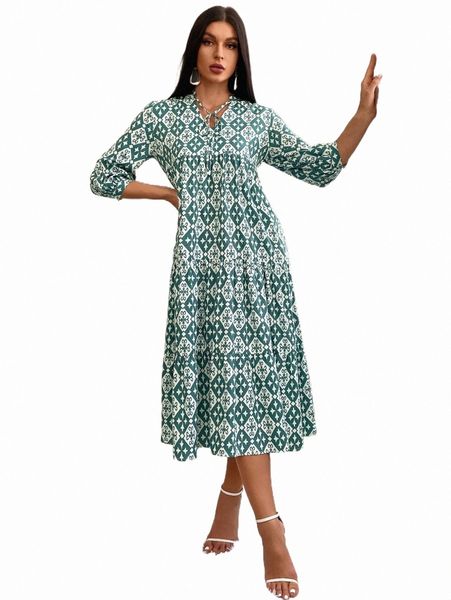 

casual dresses allover print tie neck ruffle hem dress d79y#, Black;gray