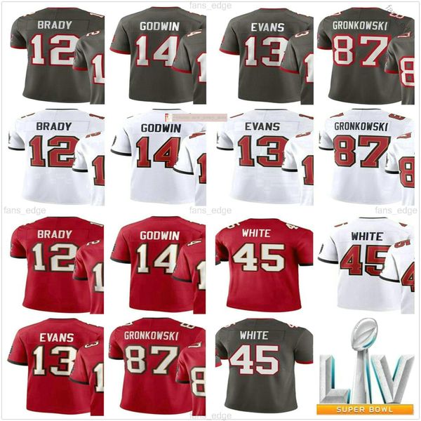 

college wear 12 tom brady 87 rob gronkowski 14 chris godwin 45 devin white 13 mike evans red white grey stitched football jerseys, Black
